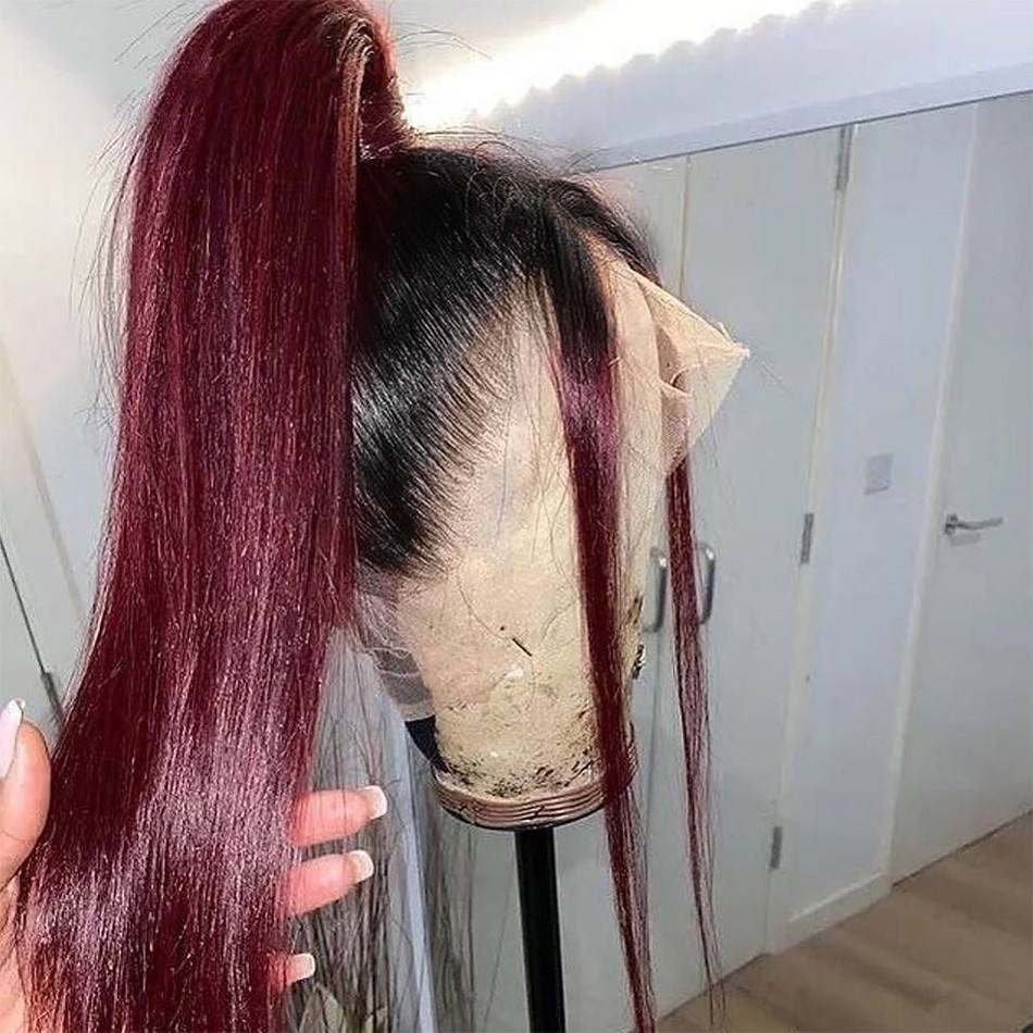 Burgundy 100% Human Hair 360 Lace Front Wig Straight 10-30 Inches 99J Human Hair Wig With Natural Color Root