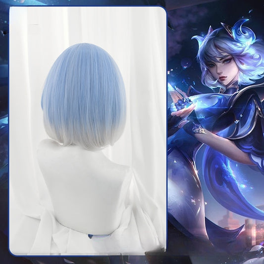 League of Legends cosplay wig, blue and white porcelain, Erelia knife girl cosplay, fake hair, short hair style