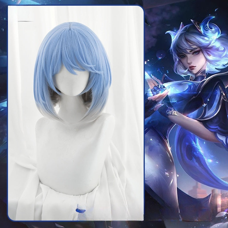 League of Legends cosplay wig, blue and white porcelain, Erelia knife girl cosplay, fake hair, short hair style