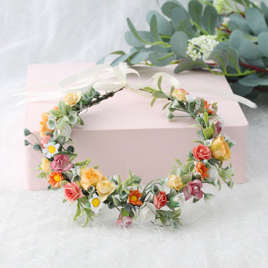 Colorful Rose Crown Hair Hoop Daisy Water Grass Headwear Party Gift Bridal Photo Shooting Wreath