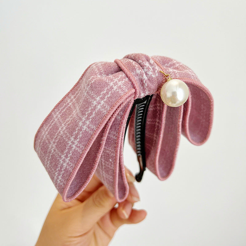 Small Fragrant Japanese Checker Bowknot Banana Clip Vertical Clip Pearl Horsetail Clip Hair Clip Headwear R560