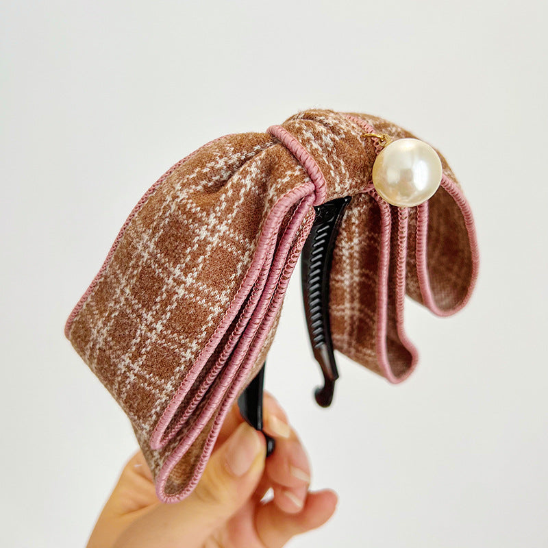 Small Fragrant Japanese Checker Bowknot Banana Clip Vertical Clip Pearl Horsetail Clip Hair Clip Headwear R560