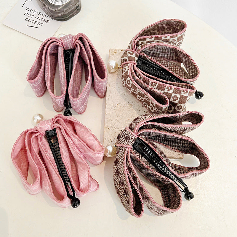 Small Fragrant Japanese Checker Bowknot Banana Clip Vertical Clip Pearl Horsetail Clip Hair Clip Headwear R560