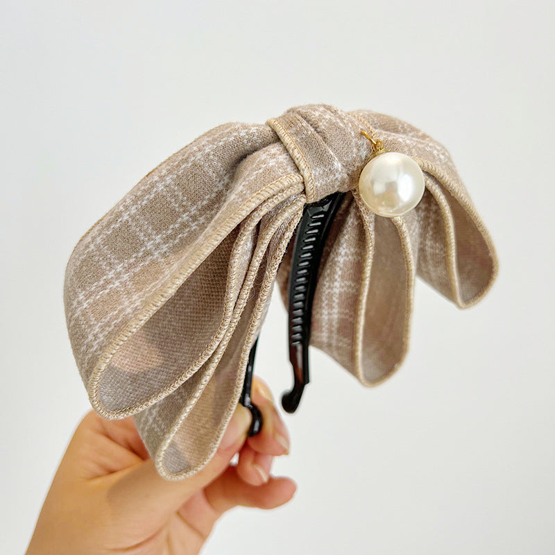 Small Fragrant Japanese Checker Bowknot Banana Clip Vertical Clip Pearl Horsetail Clip Hair Clip Headwear R560