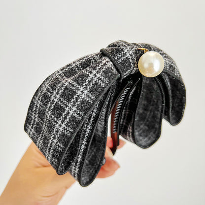 Small Fragrant Japanese Checker Bowknot Banana Clip Vertical Clip Pearl Horsetail Clip Hair Clip Headwear R560