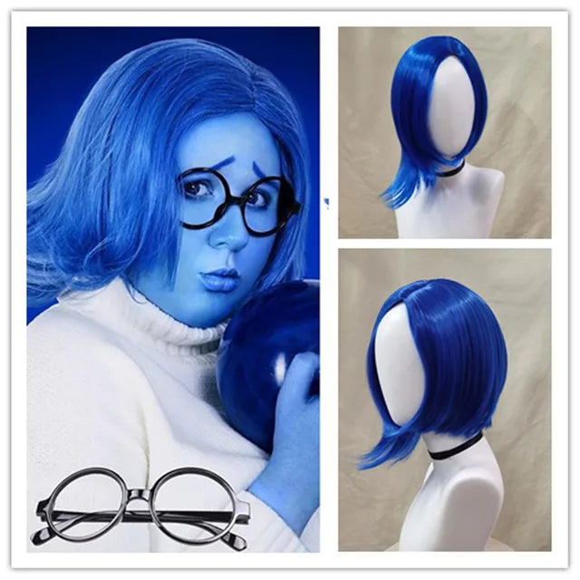 Sadness Blue Bob Wig with Black Glasses Girls Blue Anime Wig Women Heat Resistant Synthetic Cosplay Costume Party Wig (Blue)