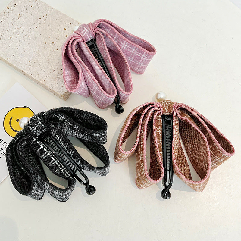 Small Fragrant Japanese Checker Bowknot Banana Clip Vertical Clip Pearl Horsetail Clip Hair Clip Headwear R560