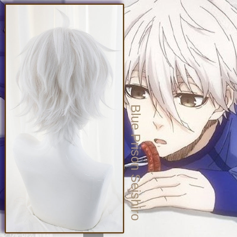 Blue prison Makoto Shirou cosplay wig silver white upturned short hair cosplay fake hair style