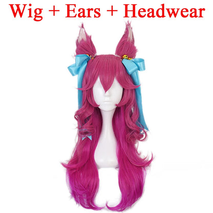 Game Spirit Blossom Ahri Long Wig With Ears Headwear Cosplay Costume Heat Resistant Synthetic Hair Women Wigs