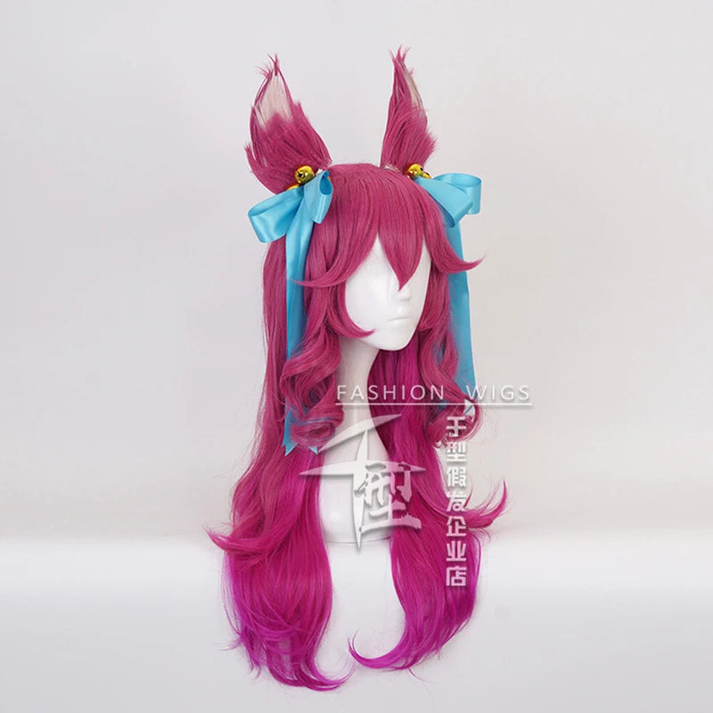 Game Spirit Blossom Ahri Long Wig With Ears Headwear Cosplay Costume Heat Resistant Synthetic Hair Women Wigs