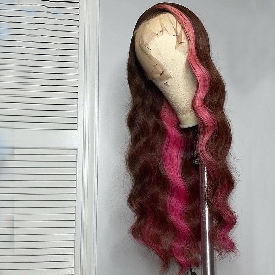 Pink And Black Wig 10-26 Inches 150% Density Wave Texture 13x4 Human Hair Transparent Lace Front Wig