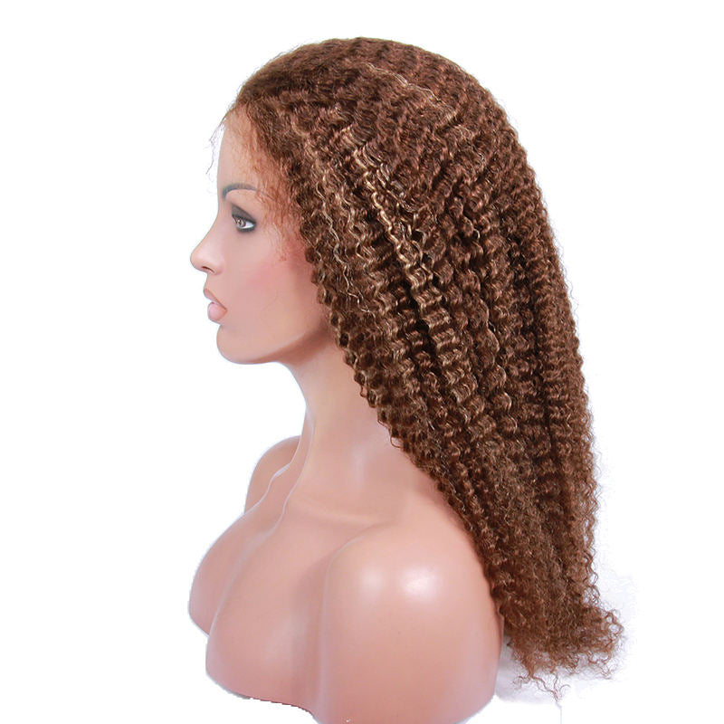 Popular Glueless Swiss Lace Human Hair Brown Color Kinky Curly Texture 360 Lace Frontal Wig In Stock