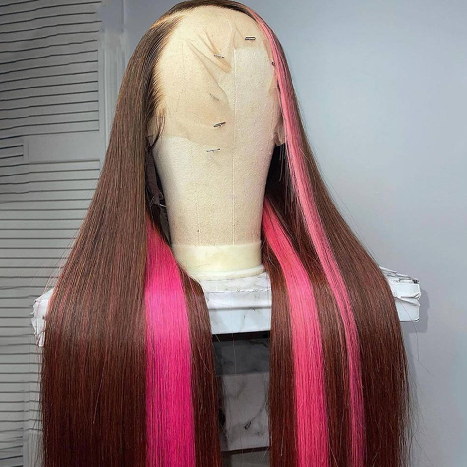 Pink And Black Wig 10-26 Inches 150% Density Wave Texture 13x4 Human Hair Transparent Lace Front Wig