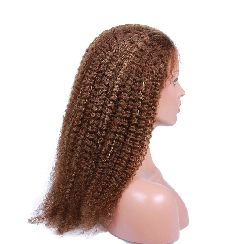 Popular Glueless Swiss Lace Human Hair Brown Color Kinky Curly Texture 360 Lace Frontal Wig In Stock