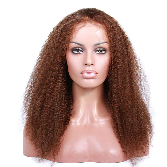 Popular Glueless Swiss Lace Human Hair Brown Color Kinky Curly Texture 360 Lace Frontal Wig In Stock