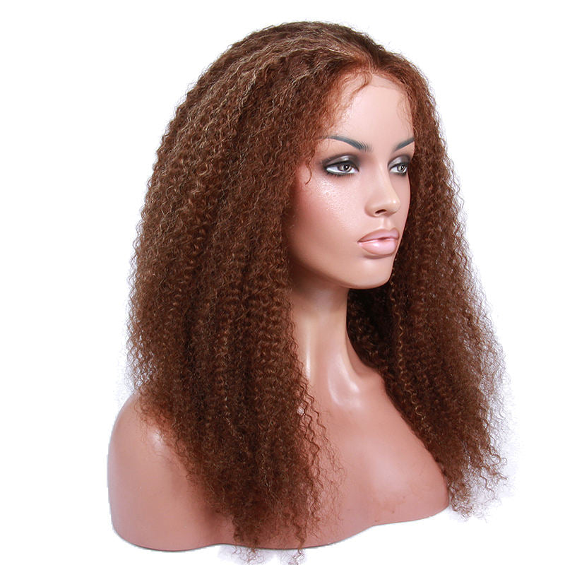 Popular Glueless Swiss Lace Human Hair Brown Color Kinky Curly Texture 360 Lace Frontal Wig In Stock