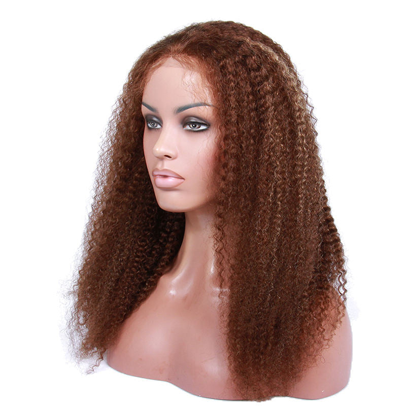 Popular Glueless Swiss Lace Human Hair Brown Color Kinky Curly Texture 360 Lace Frontal Wig In Stock