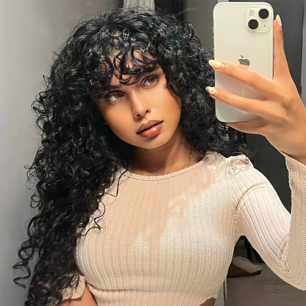 20 inches Beauty Colors Human Hair Wig With Bangs 180% Density Curly Texture 13x4 Lace Front Wigs For Women