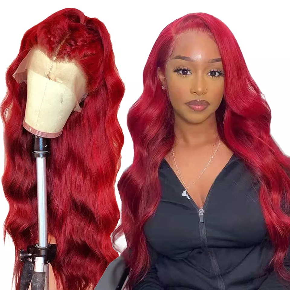 Custom Dyeing 130% 150% Density Peruvian Long Hair Red Color Body Wave Texture 360 Lace Frontal Wig With Baby Hair