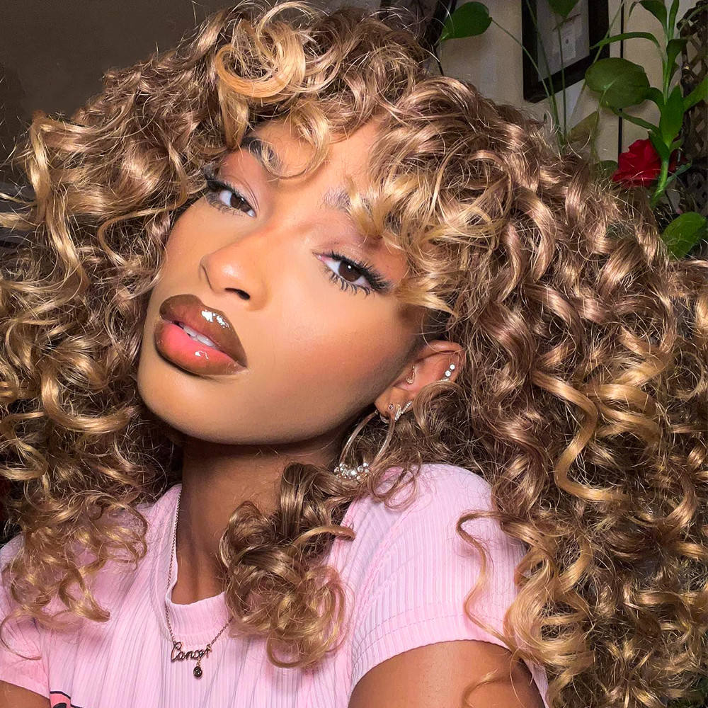 20 inches Beauty Colors Human Hair Wig With Bangs 180% Density Curly Texture 13x4 Lace Front Wigs For Women