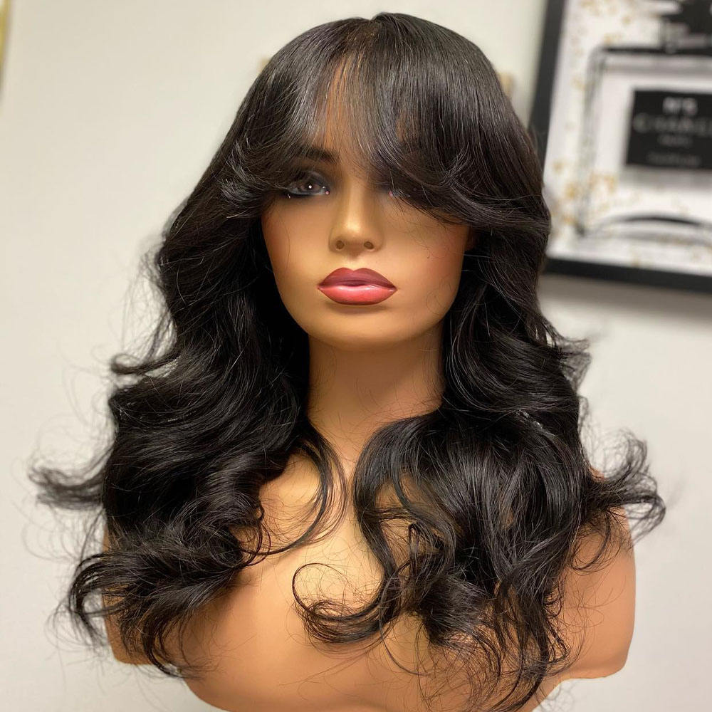 Glueless 12A Grade Human Hair Wig With Bangs Natural Black Color Body Wave 13x6 Lace Front Wig